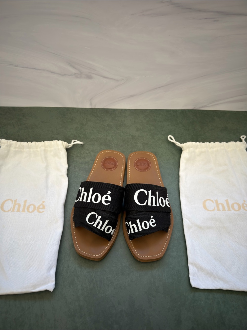 Chloé Black Logo Slide Sandals with Tan Footbed